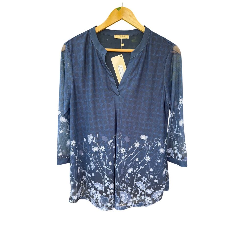 Timeson Floral Border Print Mesh Layered Tunic Blouse